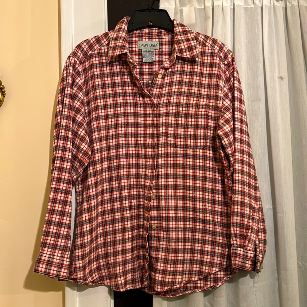 Cabin Creek, PM, 100% cotton red black cream pattern with silver threading!!